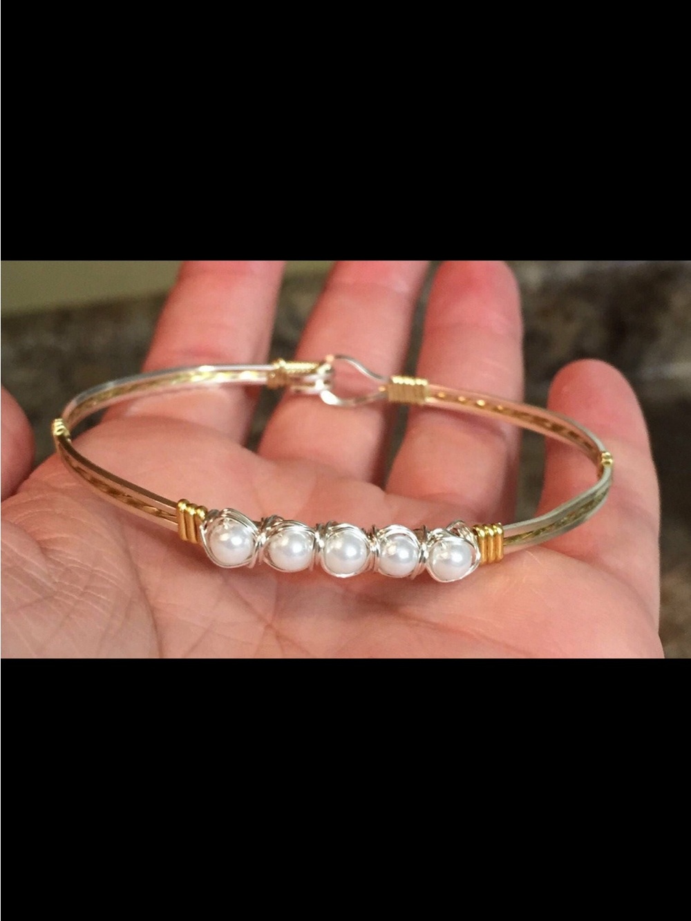 Two-Tone Pearl Accent Bangle Bracelet in Gold and Silver